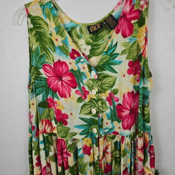 Vtg Bila Tropical Green Button Down Dress Midi Length Floral Colorful Beach S - Picture 11 of 13